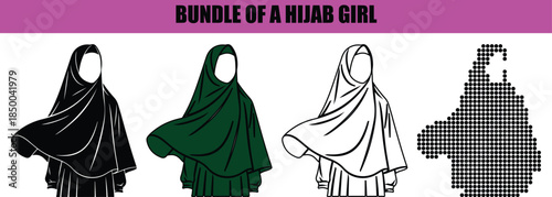 Abstract dotted line art of Islamic girl wearing hijab, black silhouette vector illustration, modern minimal female portrait isolated on white background for modest lifestyle design