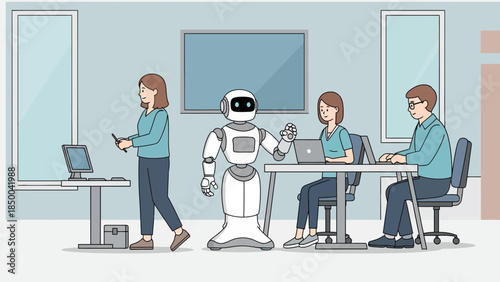 Robot collaborates with diverse team in modern office setting