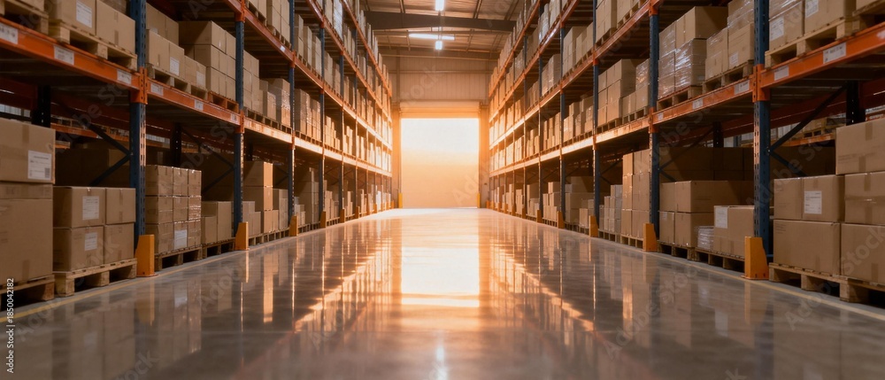 Fototapeta premium Warehouse aisle with stacked boxes