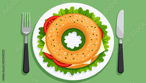 A top-down view of a delicious bagel sandwich filled with fresh lettuce, cheese, and tomato slices, served on a white plate with a fork and knife on a green background.