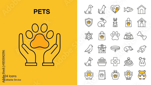 Collection of pet-related icons for animal lovers and pet businesses, including paw prints, animals, and accessories