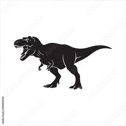 A powerful black silhouette of a Tyrannosaurus Rex (T-Rex) dinosaur with an open mouth and sharp profile.