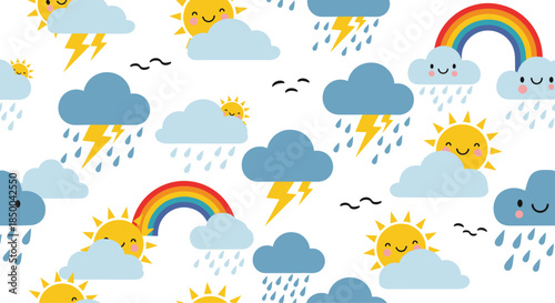 Playful weather pattern with happy suns clouds rain rainbows and lightning bolts for kids apparel and nursery.
