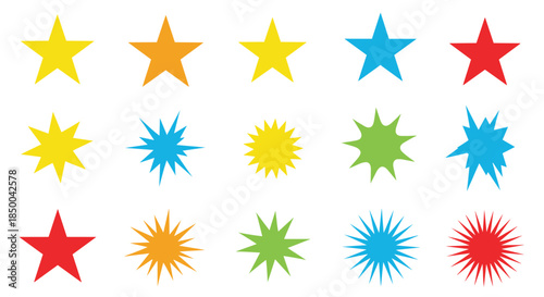 Diverse collection of colorful star shapes and starburst designs in yellow, orange, blue, red, and green, arranged in a grid pattern.