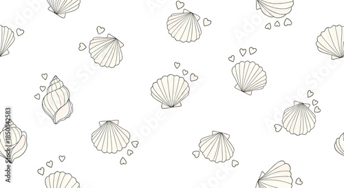 Charming pattern featuring various seashell illustrations and delicate tiny hearts scattered across a white background in a seamless repeat.