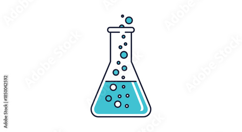 Science lab flask illustration containing bubbling blue liquid and floating bubbles, isolated on a white background for educational use.