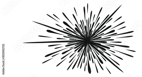 Dynamic black ink burst illustration with numerous droplets and streaks radiating from a center, isolated on a white background.