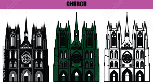 Christian church vector illustration, silhouette line art with dotted details, modern minimalist design isolated on white background for religion, culture, and Christmas celebration