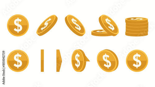 Versatile set of solid, sleek golden dollar coins depicted in various dynamic rotations and a neat stack, perfect for illustrating concepts of finance, wealth, and prosperity