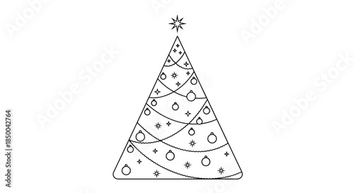 Minimalist black and white line art of a triangular Christmas tree decorated with stars, round ornaments, and draped garlands.