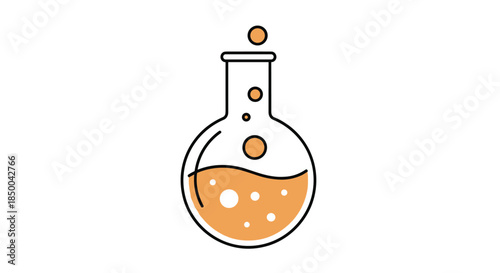 Simple line art illustration of a round glass laboratory flask containing a bubbling orange liquid with floating air bubbles.