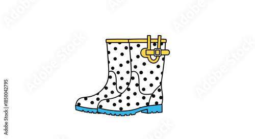 Stylish pair of white rubber rain boots with black polka dots, yellow buckles, and bright blue soles on a white background.