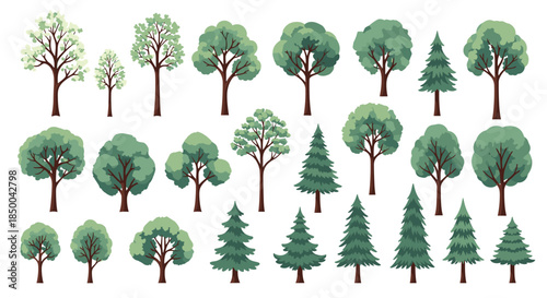 Diverse collection of twenty-four green tree illustrations including deciduous and coniferous species arranged in three rows.