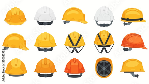 Comprehensive collection of solid and sleek safety helmets, or hard hats, vital protective gear for construction, engineering, and industrial workers, ensuring workplace safety