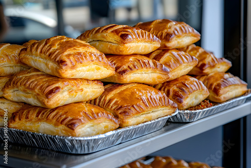 Delicious savory meat pie, golden baked pastry from New Zealand food truck. Appetizing fresh snack for sale at market