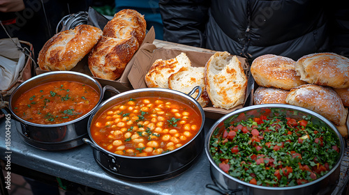 Warm bowls of Moroccan food at stall. Hearty harira soup, chickpea stew, and fresh bread create an appetizing meal