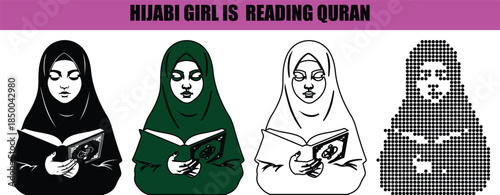 Islamic girl wearing hijab reading Quran silhouette in minimalist line art and dotted vector style, black and white Muslim female isolated on white background for Islam and spirituality design