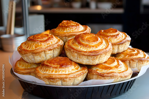 Delicious golden New Zealand savory meat pie pastry snack. An appetizing and comforting homemade dish stacked for serving