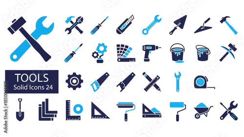 Comprehensive collection of solid sleek construction, repair, and DIY tools icons, perfect for representing craftsmanship, industrial work, and home improvement projects in modern graphic designs