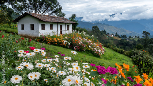 Peaceful rural house and colorful flower garden on green hill. calm, scenic landscape view with mountain background