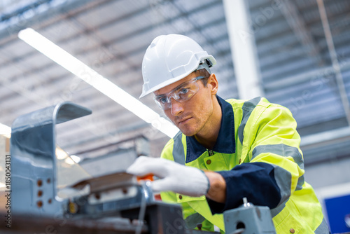 Foto Engineer paper cardbox container factory in professional uniform check and analyse paper industrial machine