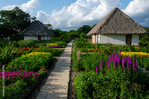 Tranquil eco village with thatched roof hut and garden path. Picturesque landscape showing vibrant colorful flower