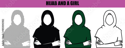 Islamic girl wearing hijab silhouette in minimalist line art and dotted vector style, black and white female portrait isolated on white background for Islam, modest fashion, and cultural design