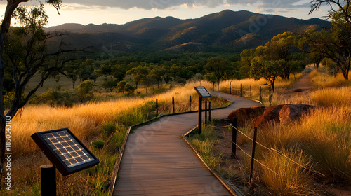 Serene picturesque trail with eco friendly signage and solar panel winding through beautiful golden landscape at sunset