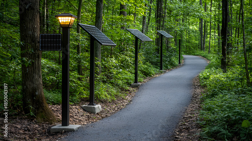 Calm trail through forest with solar panel lamp lighting park path. sustainable and eco friendly energy concept