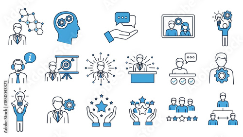 Solid Sleek Outline Icons Set for Business Communication, Teamwork, Ideas, Management, and Professional Development; Symbolizing Strategy, Collaboration, and Success