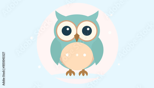 A cute cartoon illustration of a teal owl with big eyes and a peach belly, set against a light blue and pink circular background.