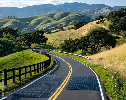 Scenic solar road technology with panels on peaceful country highway winding through rolling green hills