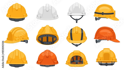 Collection of construction hard hats and safety helmets in various colors and styles, depicting industry protection gear