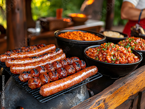 Delicious South African braai food stand grilling sausage. An appetizing outdoor barbecue meal with boerewors cooking