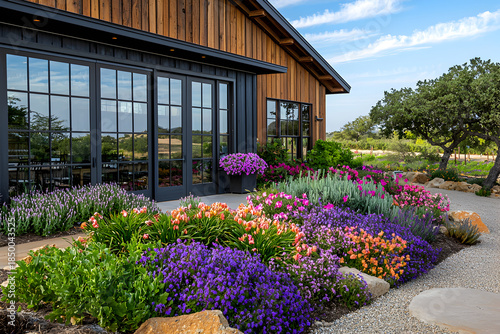 Peaceful scenic rustic house with colorful flower garden. Beautiful modern landscaping perfect for vineyard setting