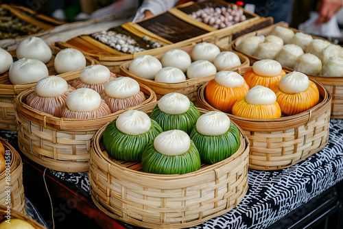 Appetizing colorful steamed bun and bao street food display at vibrant outdoor market stall in China