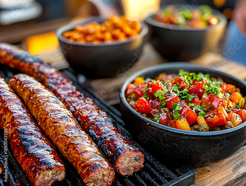 Savory South African braai with delicious grilled sausage and fresh salad. An outdoor barbecue food stand meal ready to eat