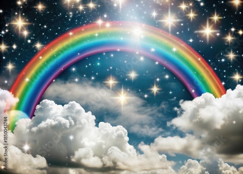 Whimsical Rainbow Sky with Clouds and Twinkling Stars