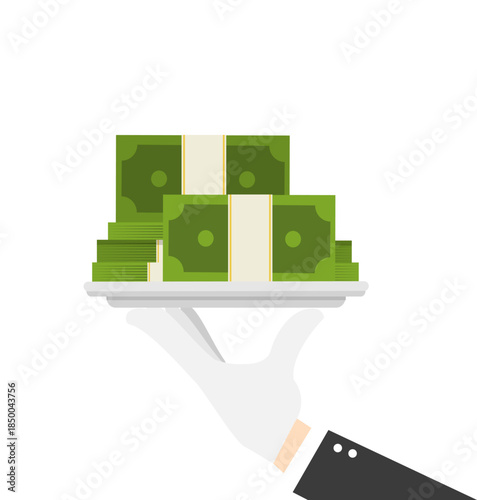 Waiter hand hold the tray with a lot of money. Financial and economic concept. Vector stock