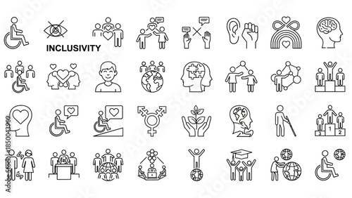 Solid sleek icons representing diversity, inclusion, and accessibility