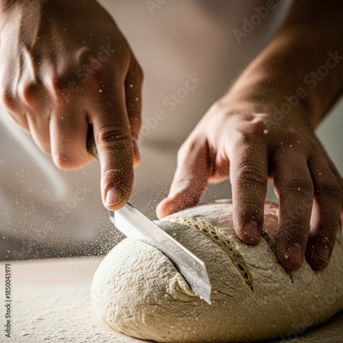 Candid photography of the bread making process, focusing on the dynamic motion of slashing the dough.