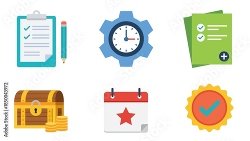 Collection of Flat Icons Representing Various Business and Planning Concepts Checklist, Clock, Calendar, Treasure Chest, and Badge