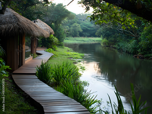 Tranquil eco retreat jungle hut with wood boardwalk beside calm river. This serene nature scene evokes peaceful feelings