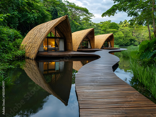 Tranquil riverside eco lodge of bamboo and wood. Serene modern architecture for luxury tropical vacation destination
