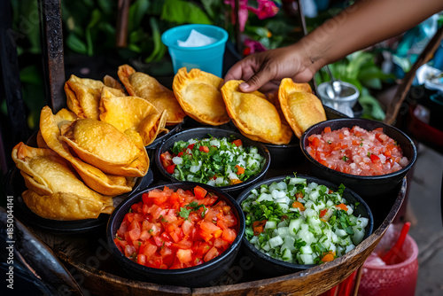 Vibrant Ecuadorian street food from cart, hand serving delicious crispy empanada with fresh tomato onion salsa