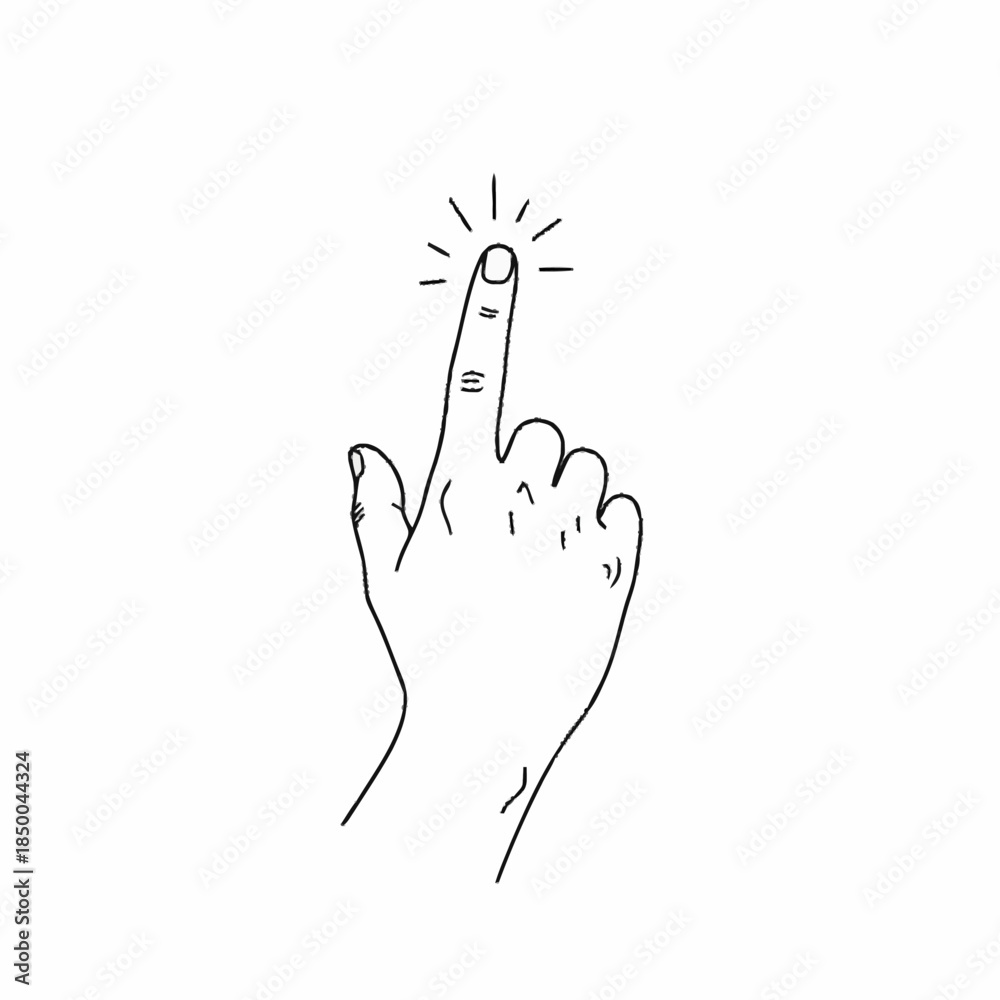 Obraz premium Hand pressing button with glowing finger, line art illustration.