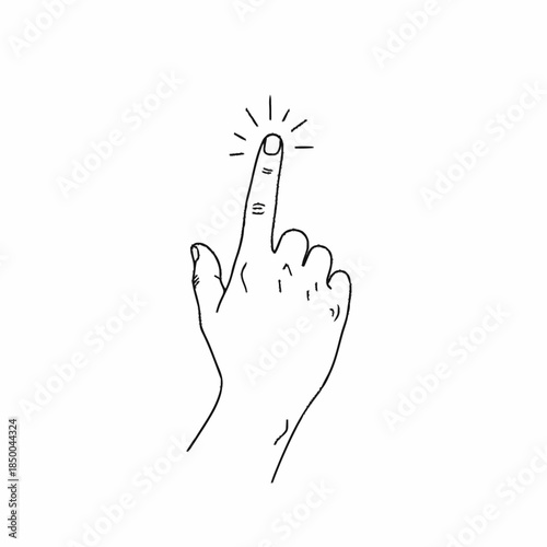 Hand pressing button with glowing finger, line art illustration.