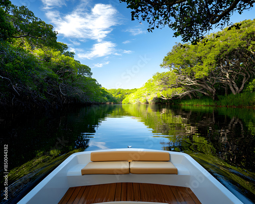 Peaceful electric boat tour on calm river through lush green wildlife sanctuary under beautiful blue sky