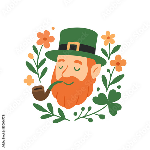 A cheerful leprechaun head with a pipe surrounded by flowers and clover