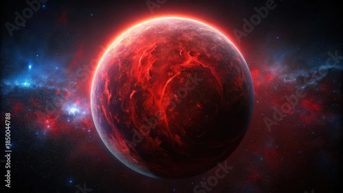 A massive red celestial body slowly descends into the darkness of space